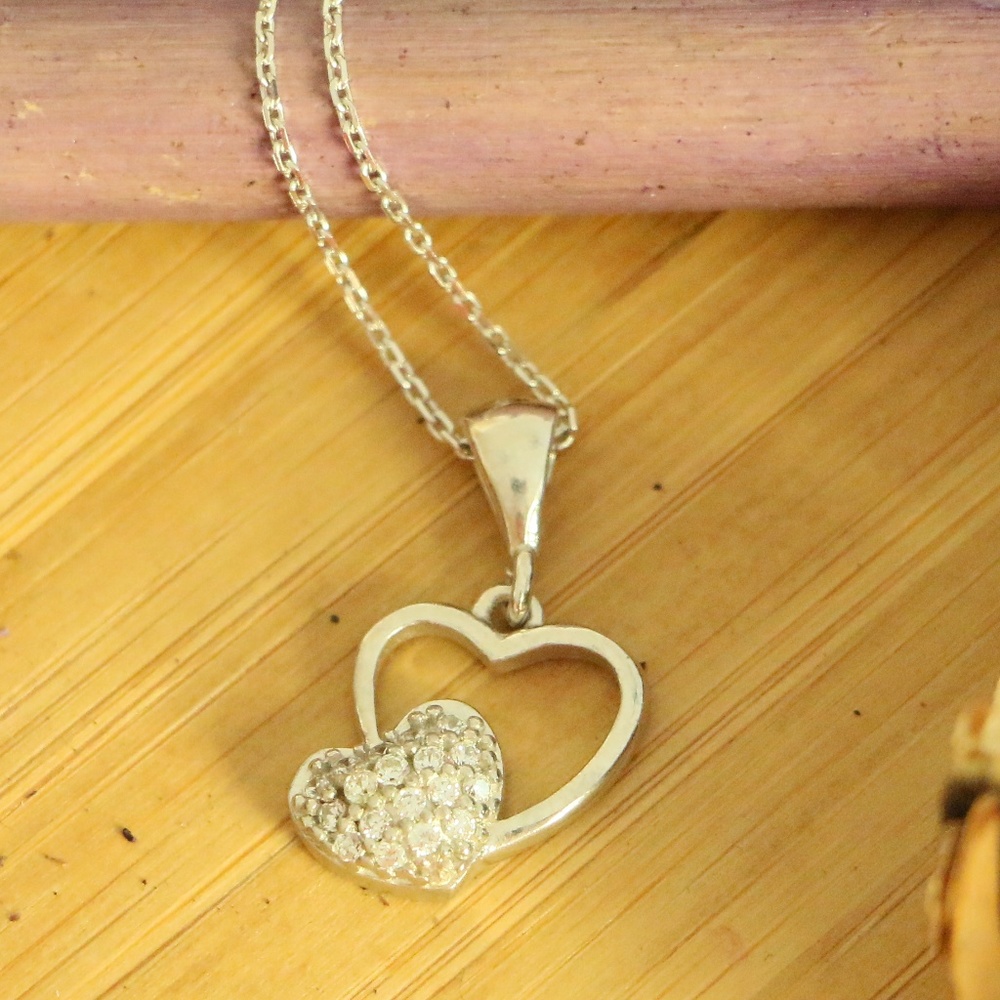 925 Sterling Silver 2hearts  with cubic zirconia - Picture 2 of 5